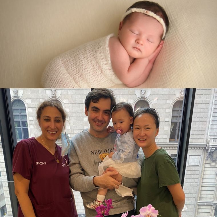 A sleeping newborn, and Dr. Elassar with a family holding their daughter