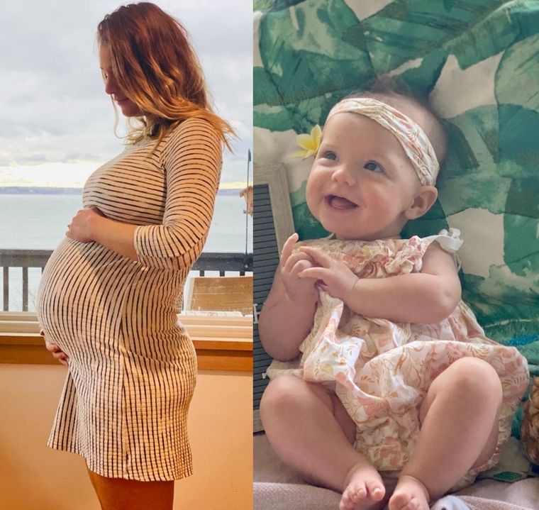 A pregnant mother by the water, and her smiling baby girl