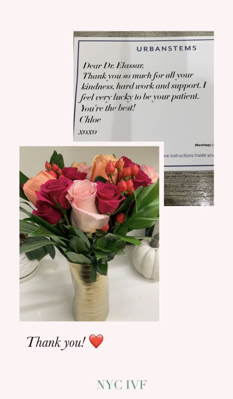 A thank-you card and flowers from a patient